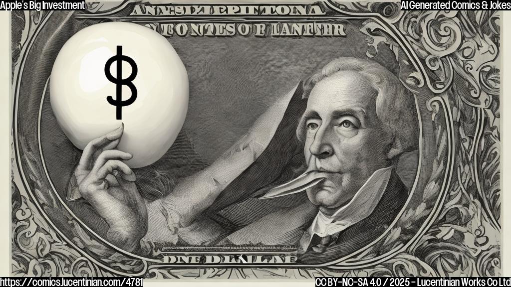 A cartoon drawing in plain colors of a giant apple injecting a large amount of money into a person represented by a dollar symbol. The apple has a logo similar to the Apple logo, but without any trademark details.