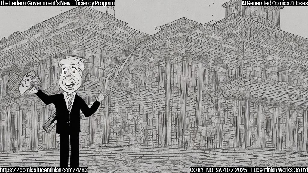 A cartoon drawing in plain colors of a person in a suit and tie, holding a chainsaw, standing in front of a large, simplified building labeled "Federal Government". The building is visibly shrinking as the person saws away at it. The style should be simple and humorous, reminiscent of a newspaper cartoon.  The overall color scheme should be muted blues and grays.