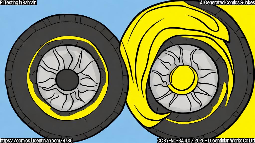 A cartoon drawing of a race car tire with a sad face, next to a sun smiling brightly in a plain yellow background. Style: simple flat color cartoon