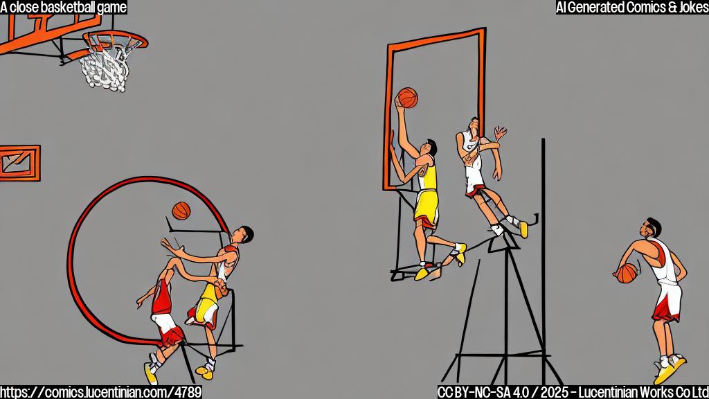 A simple cartoon of a basketball game with a ladder leaning against a basketball hoop. The players are simple shapes, and the background is plain. One player is reaching up to the hoop with a ball. Use only plain colors.