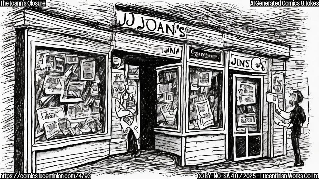 A cartoon drawing of a sad artist with a paintbrush in one hand and an empty wallet in the other hand, in front of a closed shop with a sign that says "Joann's Closed". The drawing should be in a plain color style.