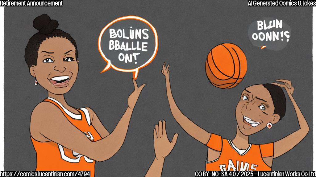 A plain color cartoon of a smiling woman in a basketball uniform, holding a basketball, with a speech bubble above her head saying "Timeout!".  The background is a light orange color.