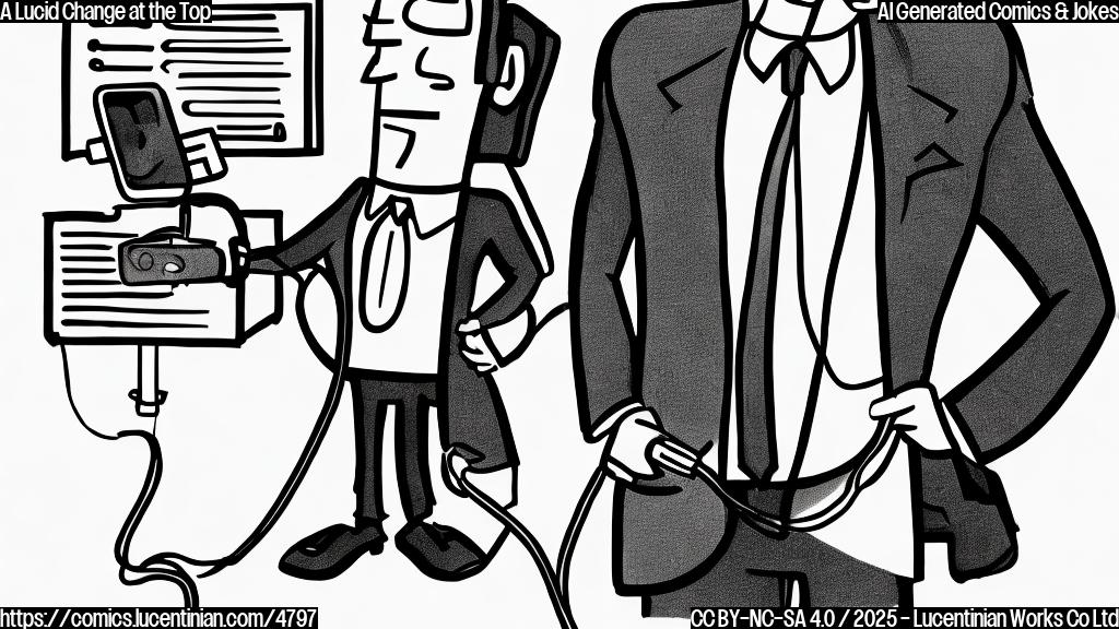 A simple cartoon drawing of a person in a business suit looking exhausted, with a charging cable plugged into their back. The style should be plain color cartoon style, with a simple background.