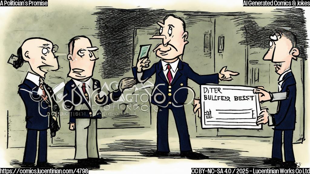 A simple cartoon drawing in plain colors, depicting a politician in a suit, looking smug while presenting a large, oversized check representing the defense budget to a soldier. The soldier looks slightly perplexed.