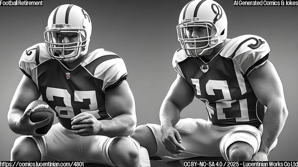 A simple cartoon of a large, muscular person wearing a football uniform, sitting on a bench looking sadly at a football helmet. Background is plain. Colors are only black, white and grey. Style is plain color cartoon.