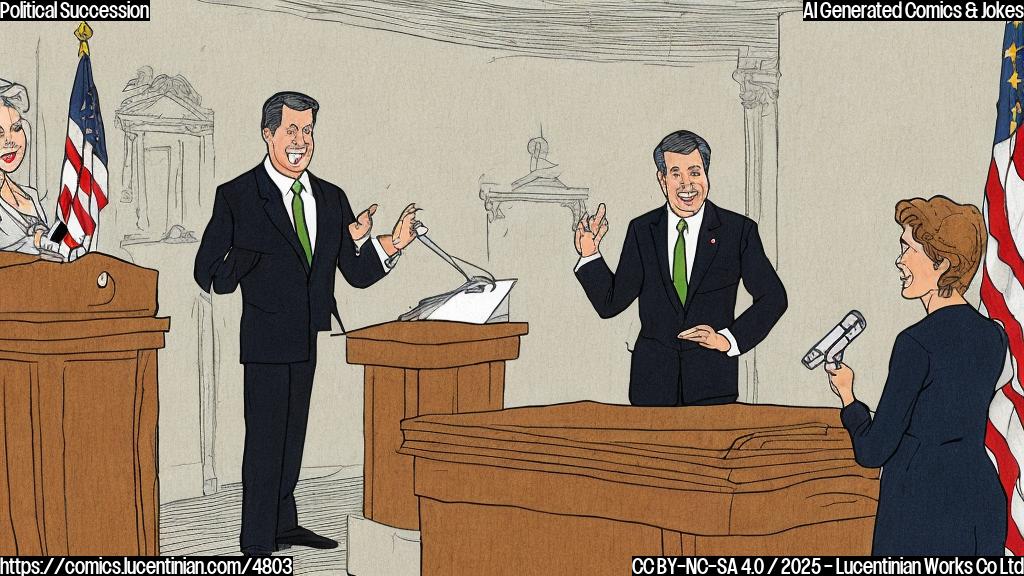 A cartoon drawing in plain color of a governor and a first lady standing behind a podium in a press conference. The governor is pointing at his wife. The cartoon style is minimalist, with simple lines and solid colors.