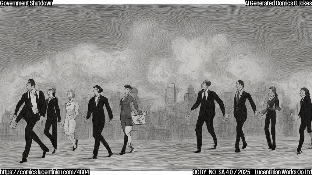 A plain color cartoon of a group of people in business attire walking away from a large building with a sign that says "Department of Government Efficiency".  The sky is dark and stormy. The style should be simple and flat, with minimal details.