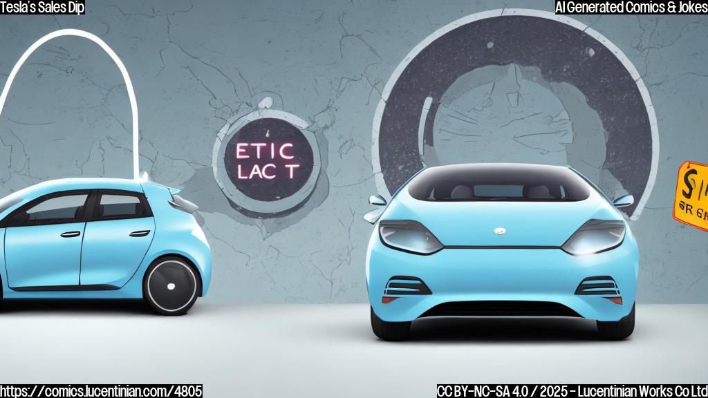 A simple cartoon of a sad-looking electric car with a large price tag that says "Half Price" on it. The background is a plain light blue.