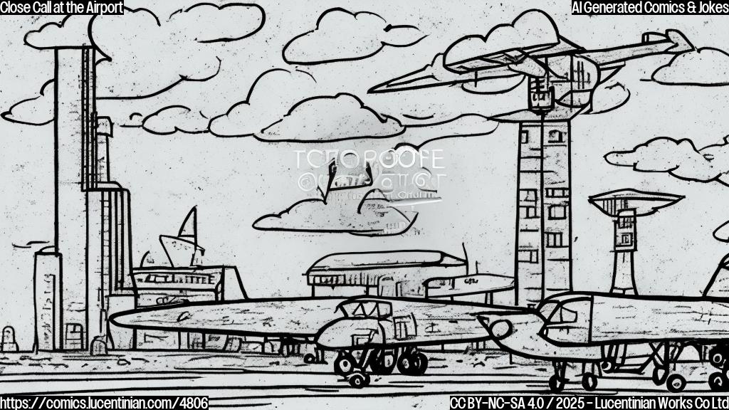 A simple cartoon drawing in plain colors of two airplanes, one a bit damaged, near each other on a runway with a control tower in the background.