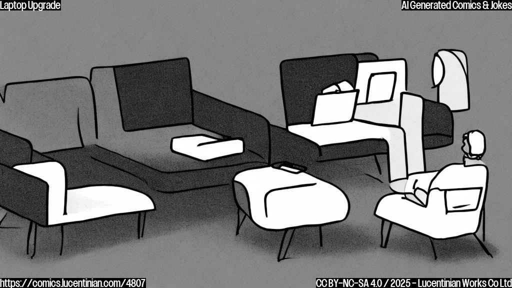 A simple cartoon of a laptop on a couch talking to a therapist. Both are drawn in simple plain colors and shapes.