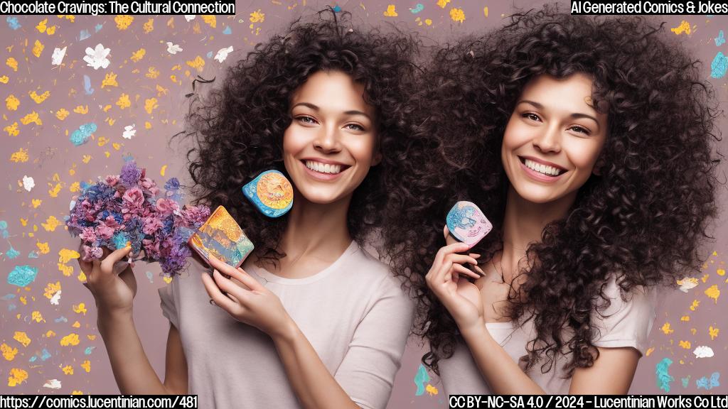 A woman with long, curly brown hair and a bright smile is shown holding a bar of dark chocolate in one hand and a calendar in the other, with a puzzled expression on her face. The background is a subtle gradient of pastel colors, with a few flowers and leaves scattered around to give it a whimsical feel.