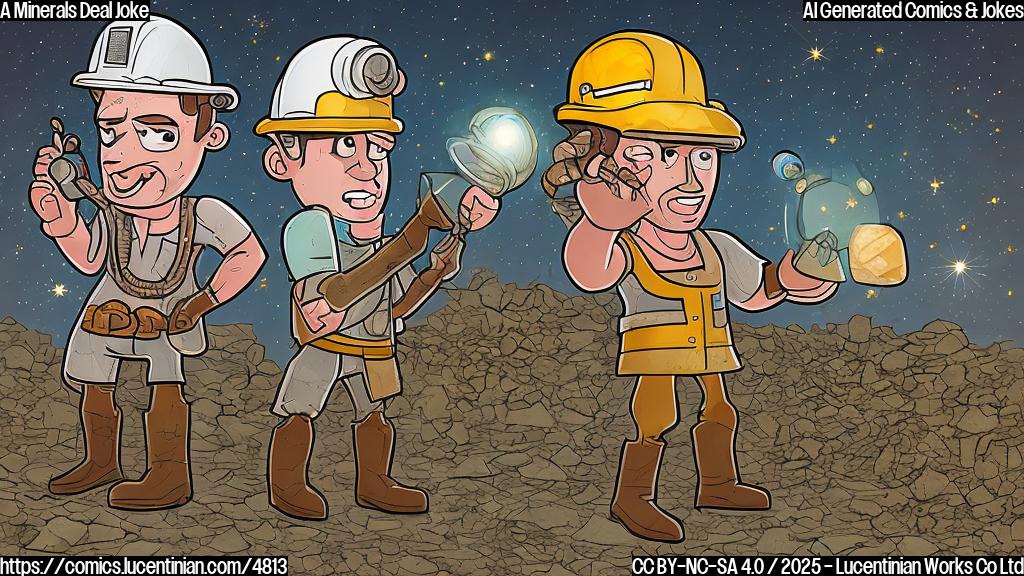 A cartoon of two figures, one in a miner's helmet and the other with a magnifying glass, standing with their backs to each other, and a pile of sparkling minerals between them. Use flat colors.