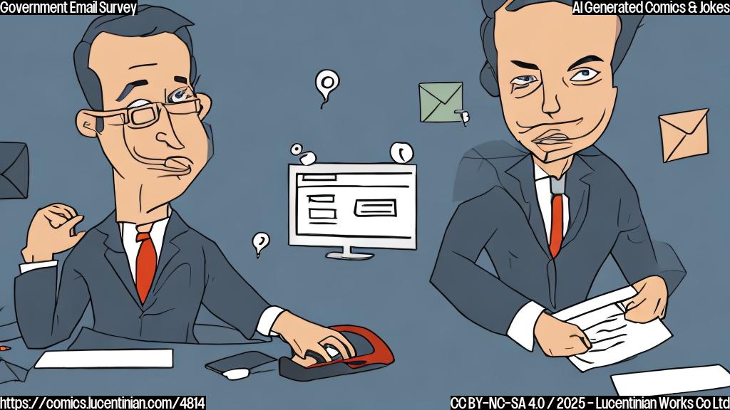 A cartoon of a person in a suit sitting at a computer, looking confused, with a large email labeled "Government Work Survey" in the background, done in a plain color style.