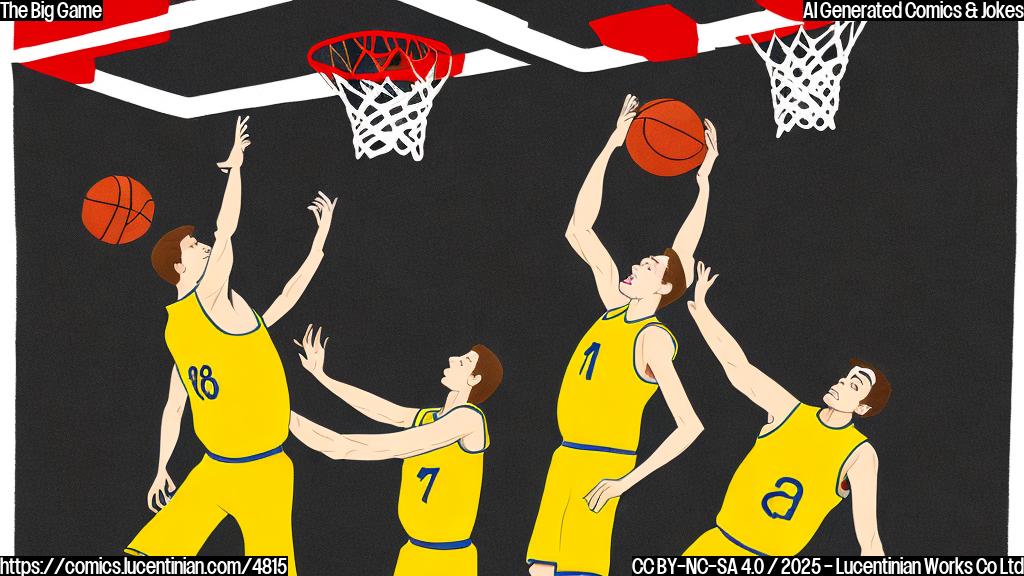 A cartoon drawing of a basketball player in a plain yellow jersey, with a simple red basketball, bringing a ladder to a basketball court with minimal cartoon spectators. The style is plain color cartoon.