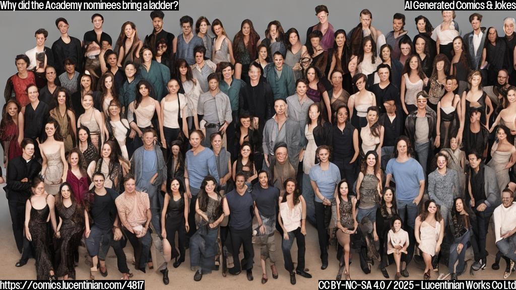 A group of 172 celebrities, including a best actor and actress from films titled "A Complete Unknown" and "The Substance", pose for a class photo with a large step stool in the background. The step stool has three steps, each with a different number on it: 1, 5, and infinity (∞).