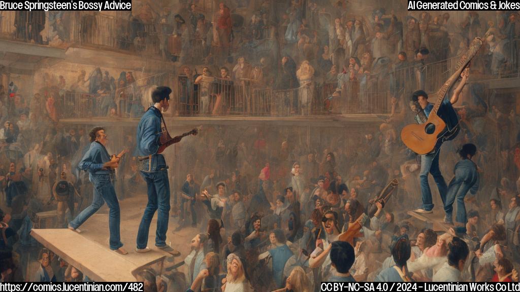 A man, wearing a denim jacket and holding a guitar, standing on a staircase with a ladder next to him. The background is a blurry image of a party with people dancing.