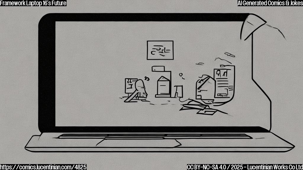 A cartoon drawing of a sad laptop with a large screen, sitting alone in a dark corner. The laptop is plain grey, and the style should be minimalistic, with only a few simple lines and solid colors.