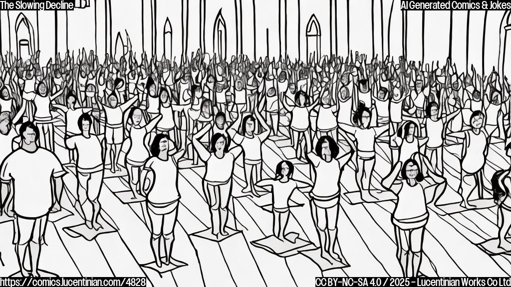 A simple cartoon drawing of a church interior, with people in simple yoga poses in plain light colors. The style should be minimalist and plain.  No faces are needed. The background should be a uniform light grey.