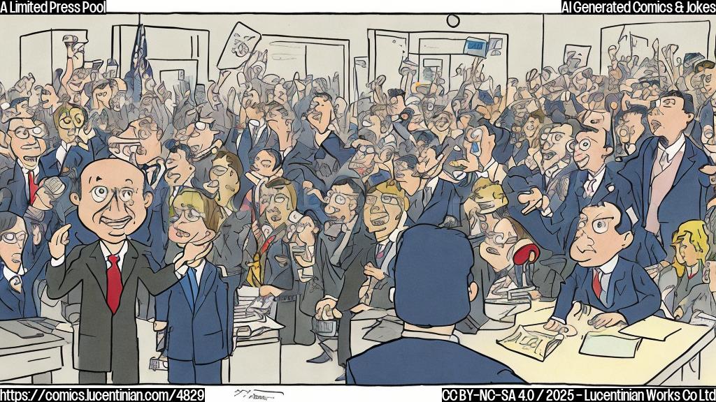 A cartoon drawing of a stern-faced person in a suit behind a large desk, pointing at a small group of cartoon reporters with microphones, while a larger, overflowing crowd of other reporters are shown looking dejected outside of a closed door.  Use a flat, minimalist color scheme of grays, blues, and muted yellows.