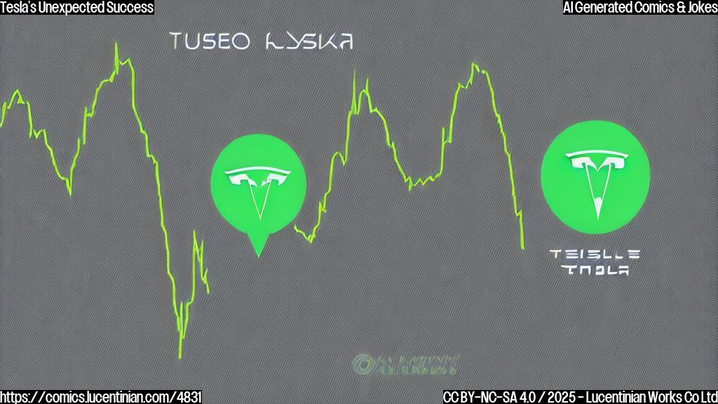 A simple cartoon drawing of a Tesla stock chart suddenly spiking upwards, with a small cartoon Tesla charging station icon positioned near the top of the chart. Use only one solid color for the drawing (e.g., vibrant green).