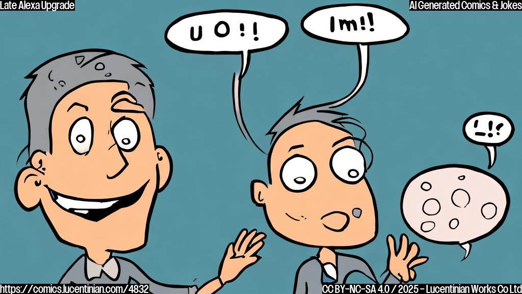 A simple cartoon drawing of a digital assistant with a confused expression, speech bubble above its head shows "Uh oh, lost my voice!", in plain color style.