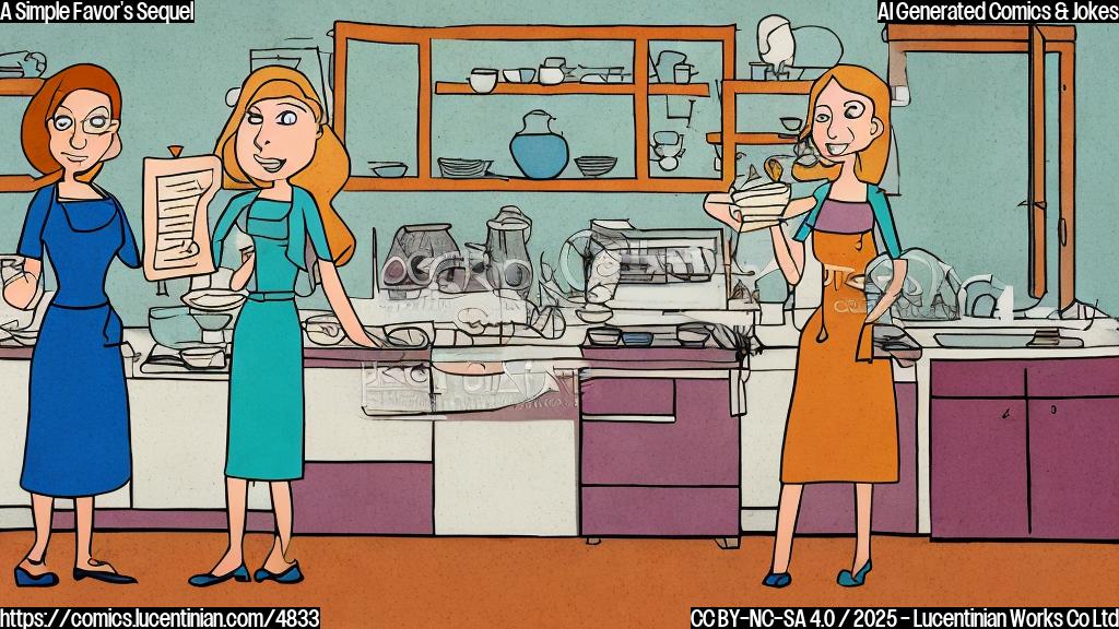 A cartoon drawing of a two women in a kitchen, one holding a recipe card with a bewildered expression and the other shaking her head. The colors should be flat, simple, and without any gradients. Background is a simple kitchen interior with flat colors and no details. Style should be plain and minimalistic, as a cartoon.