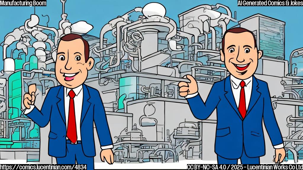 A cartoon drawing in plain color style, shows a happy, smiling pharmaceutical company executive, wearing a suit, standing in front of a large, newly-built pharmaceutical factory. The factory is clean, modern, and features large windows.  The executive is pointing proudly towards the factory. The scene is brightly lit and cheerful.