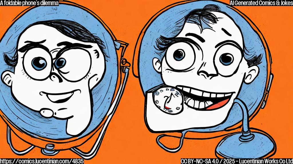 A cartoon drawing of a clamshell phone with a sad face, split down the middle to show two different expressions; one half happy and the other half unhappy, simple background