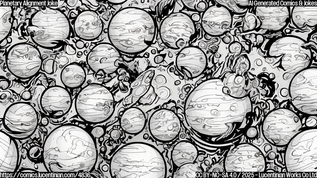 A cartoon drawing of several cartoon planets in a row, all looking slightly unhappy and trying to turn around. Simple line art, solid colors, plain background.