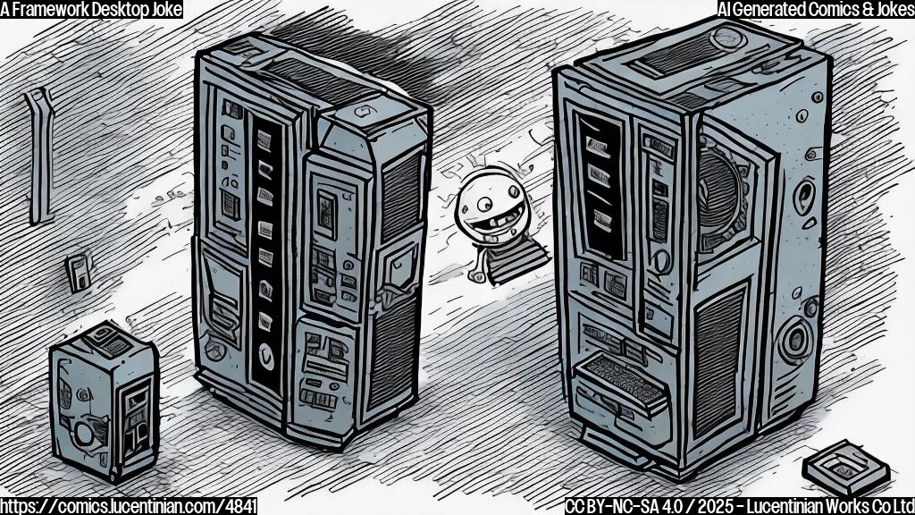 A cartoon drawing of a small, modular desktop computer being ejected from a door by a larger, angry-looking tower computer. Both computers should be simple shapes with plain colors. The smaller computer has several detachable modules. The style should be simple and flat.