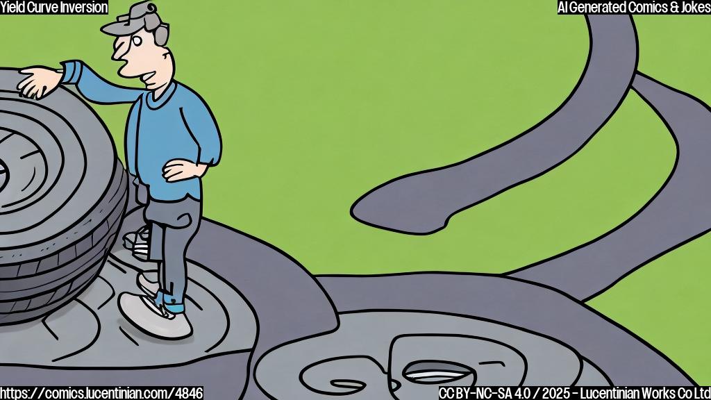 A simple cartoon of a person with a flat tire next to a road. The person is looking at the flat tire with a confused expression. The road is drawn with simple lines.  The color scheme is muted greens and grays.