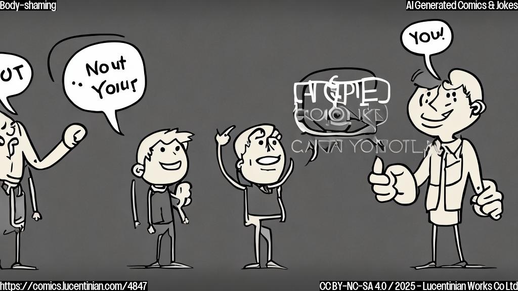 A simple cartoon drawing of a person with sad face and big arrows pointing down to them, another person smiling and giving a thumbs up, and a third person angrily pointing at the first person with a speech bubble saying "You are not pretty", plain color, no background