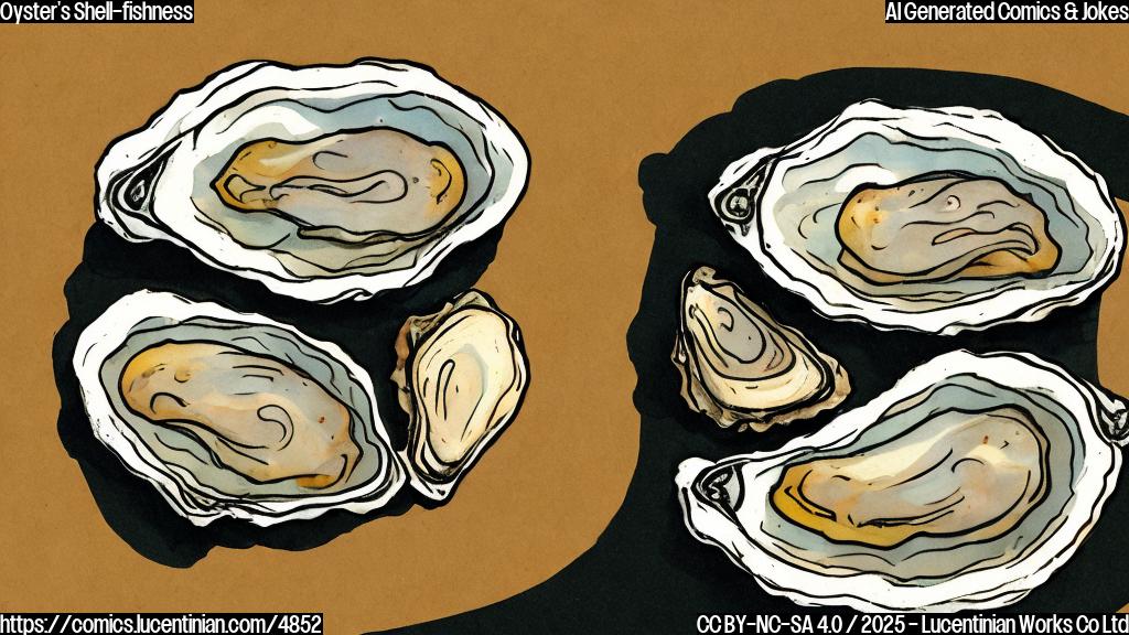 A cartoon of two oysters in their shells, one looking grumpy and the other looking happy. Plain color style, no background.