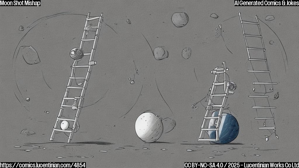 A cartoon drawing of a simple spacecraft with a ladder attached to it, sitting on a rocky grey surface that is a little bit uneven. The spacecraft is plain, light grey, almost white with simple square and round shapes, and the ladder is a simple dark grey color, made of simple horizontal lines. The background is a dark grey-blue to mimic the dark side of the moon.