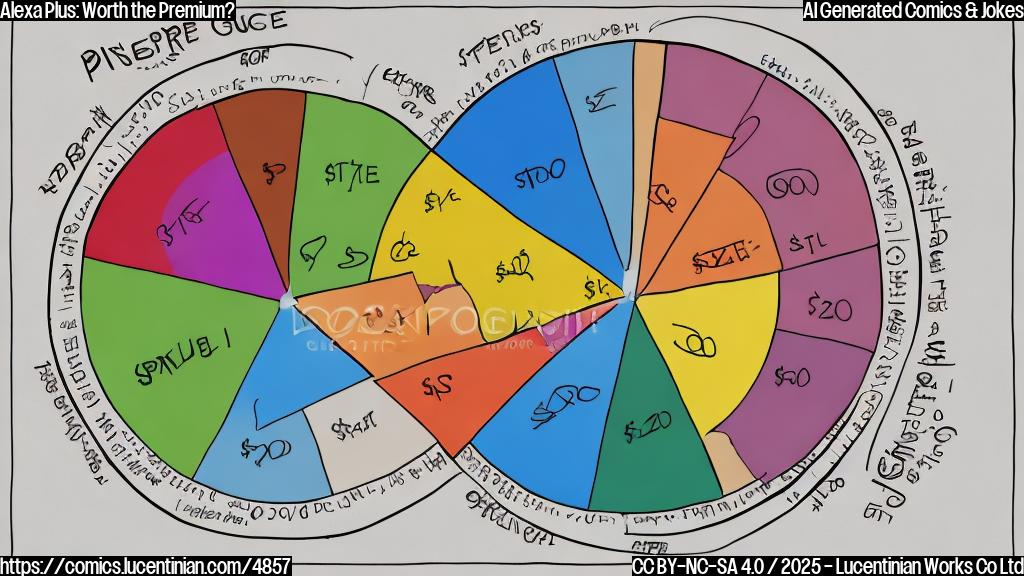 A simple cartoon drawing of a pie chart divided into slices representing different subscription costs, one large slice labeled "Prime" and many small slices labeled "$20".  Use plain colors, no shading. The style should be minimalistic and easily understandable.