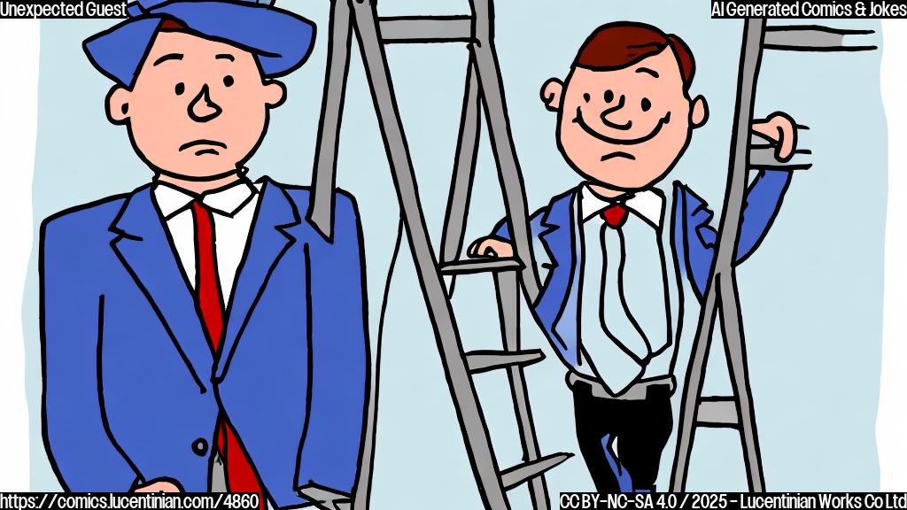 A cartoon drawing in plain colors of a person wearing a suit and a blue tie holding a ladder. The drawing is simple with no shading and uses only primary colors. The background is a simple gray building with white windows. The style is very minimalist.