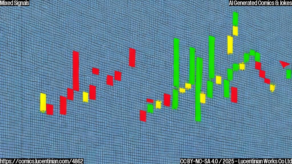 A simple cartoon of a confused-looking stock market index, with an arrow pointing slightly upwards and another arrow pointing sharply downwards. The style should be simple, using only plain colors.