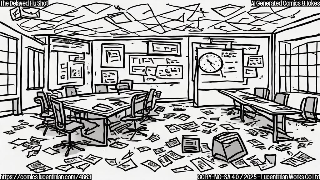 A cartoon drawing in plain colors of a meeting room with a calendar showing March 13 crossed out, a figure with a large clock face instead of a head is looking confused, and some papers scattered on the floor with the words "Flu Vaccine" written on them.