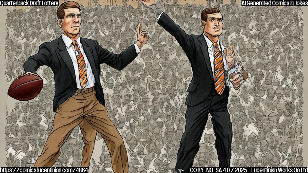 A cartoon of a man in a suit and tie, looking determined, reaching for a tall object, representing a quarterback prospect.  Drawn in a plain color, cartoon style.  Colors are primarily browns, oranges and greens, evoking the feel of a football field.