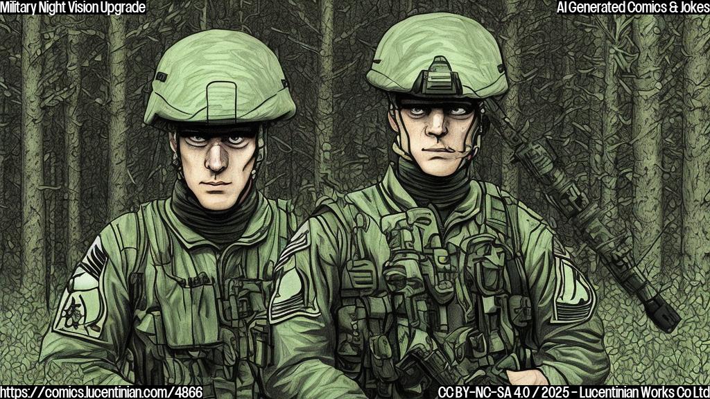 A cartoon drawing of a soldier with big, glowing eyes, looking through a high-tech night vision device, in a dark forest. The style is simple, plain colors, no gradients. The soldier wears a dark green uniform, and the device looks sleek and modern.