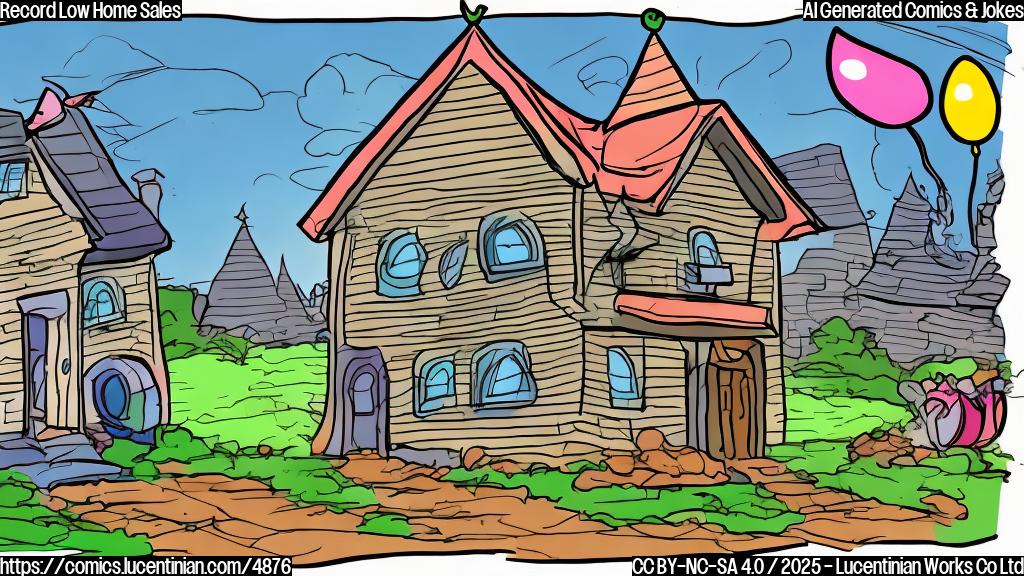 A cartoon drawing of a house wearing a party hat looking sad, with a speech bubble saying "already sold". Plain colors, simple background.