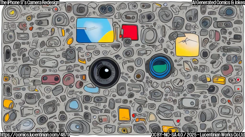 A cartoon of a smartphone camera lens with large, expressive eyes, looking anxiously at a toolbox full of various camera parts, drawn in a simple, flat style with a limited color palette.