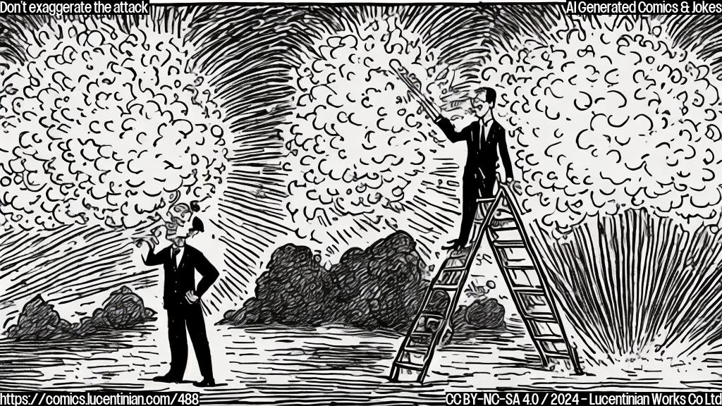 Draw a cartoon of a person in a suit holding a ladder next to a large explosion or smoke in the background. The person's face should be showing determination and caution at the same time, with thought bubbles having words "higher level" and "not blown away".