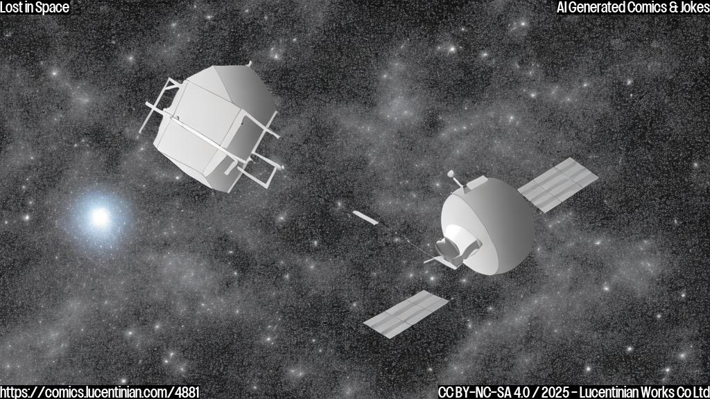 A simple cartoon drawing of a small, boxy satellite with a single antenna, looking sad and depleted, floating in the blackness of space. The satellite should be a muted gray color, and the background should be a dark blue.