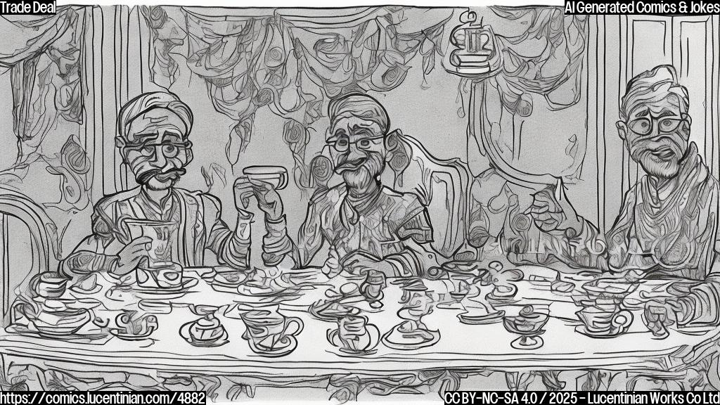 A cartoon drawing in plain color style of two figures, one representing EU and one representing India, sitting at a table, negotiating over a cup of tea. The EU figure is wearing a suit and looks slightly frustrated, while the India figure is wearing traditional clothing and looks calm, sipping their chai. The background is plain with a light color.  The overall style should be simple and clear, focusing on the characters and the tea.