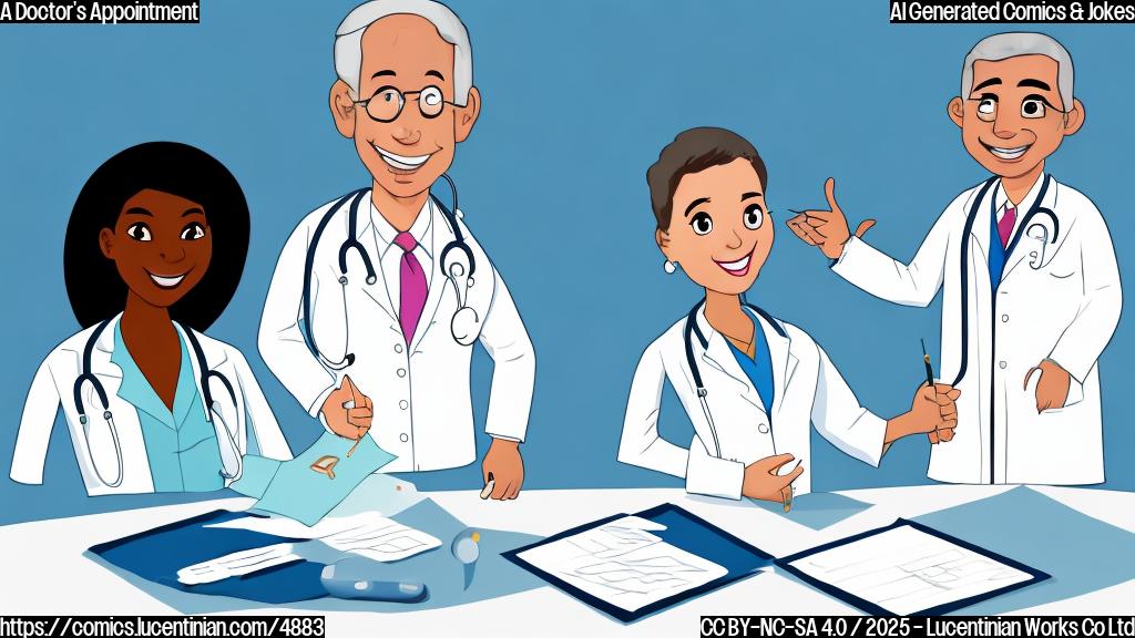 A cartoon drawing in plain colors of a doctor in a white coat smiling at a happy young woman sitting on an examination table.  The doctor is holding up a chart with a large checkmark. The background is a plain light blue.