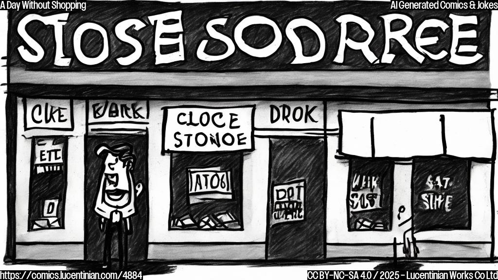 A simple cartoon drawing of a person standing in front of a store with a surprised expression, the store is dark with a "closed" sign. Color palette: dark blue, light blue, black and white.