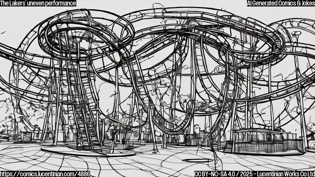 A cartoon of a rollercoaster with a basketball hoop at the top of a hill.  The rollercoaster car is shaped like a basketball. Simple line drawing, plain color, no background.