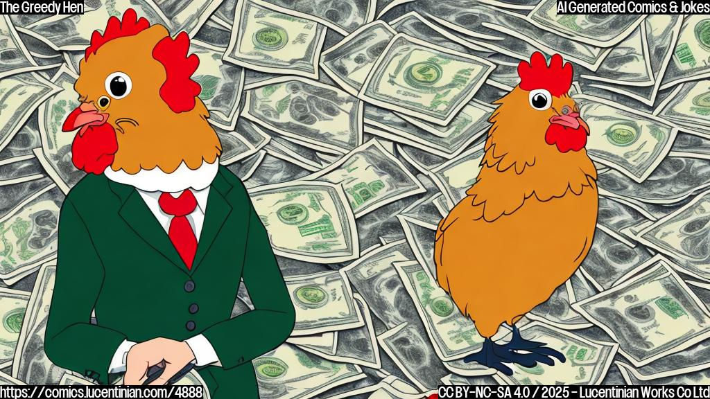 A cartoon hen in a business suit, counting a stack of money, with a background of empty chicken coops and a single, oversized egg.  Simple line art, flat colors, no shading. Use a palette of browns, yellows, and greens.