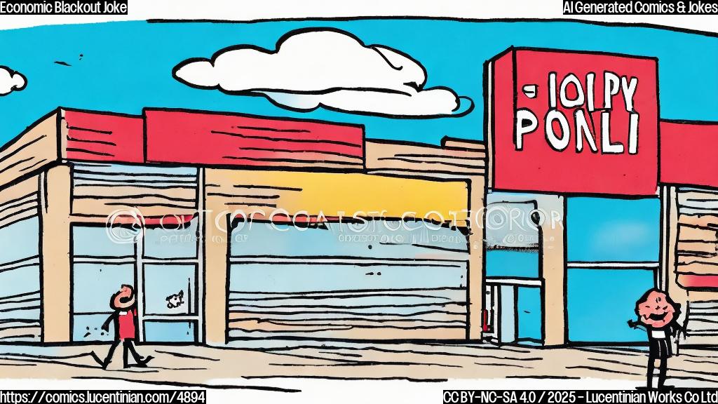 A simple cartoon of a person happily walking away from a big-box store, drawn in a plain color style. The store is depicted as a large building with a blank sign. The sky is clear and sunny.